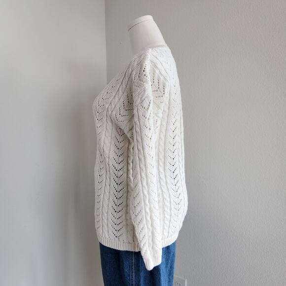 Vintage 90s GAP White Cable Knit Ramie Cotton V-Neck Sweater Pullover M - Picture 5 of 9